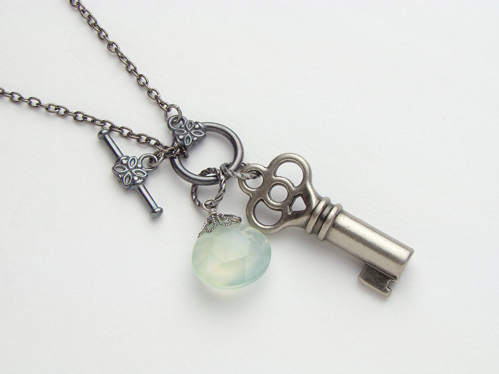 Antiqued silver skeleton key charm necklace faceted sea foam green Chalcedony briolette filigree