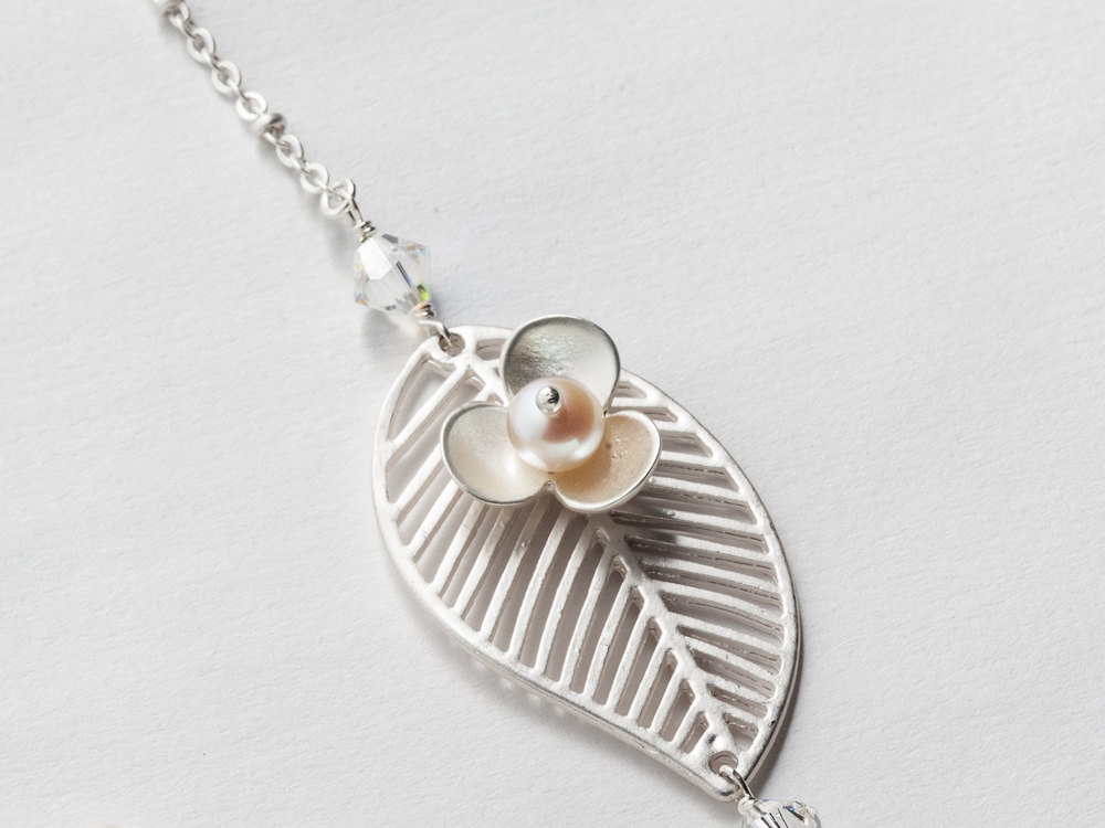 Asymmetrical necklace silver leaf flower genuine pearls beaded chandelier crystal drop bridal wedding jewelry