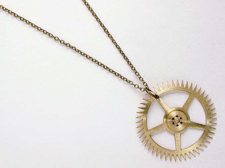 Clockwork Necklace Brass Clock Gear Pendant with Brushed Finish Steampunk