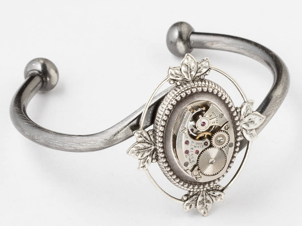 Cuff Bracelet Steampunk Jewelry Silver Bracelet with Watch Ruby Jewels Victorian Leaf Design Steampunk Bracelet Womens