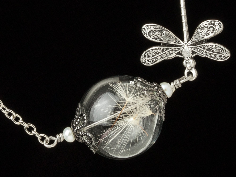Dandelion Necklace glass orb necklace terrarium necklace dandelion seed necklace with silver dragonfly & pearl wedding jewerly Gift 2589