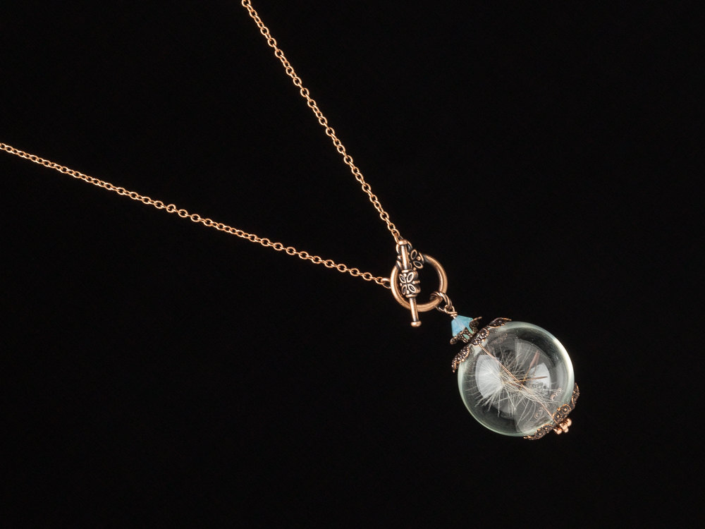 Dandelion Necklace terrarium necklace dandelion seeds glass orb necklace wish necklace copper rose gold pendant blue opal crystal Gift