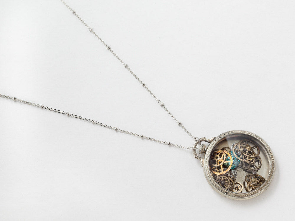 Edwardian 14K White Gold Filled Pocket Watch Case Necklace with Silver Dragonfly Blue Aquamarine Crystal and Gears Locket
