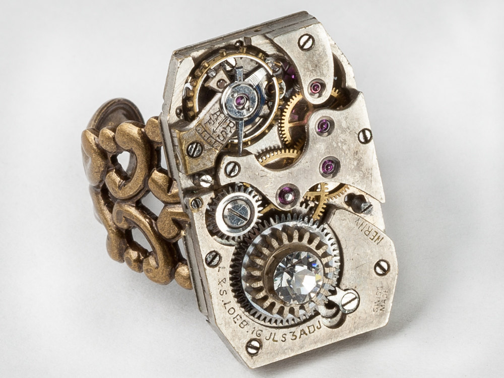 Gold Filigree Industrial Steampunk Ring Silver watch movement with Swarovski Crystal Statement Ring Clockwork Adjustable Band