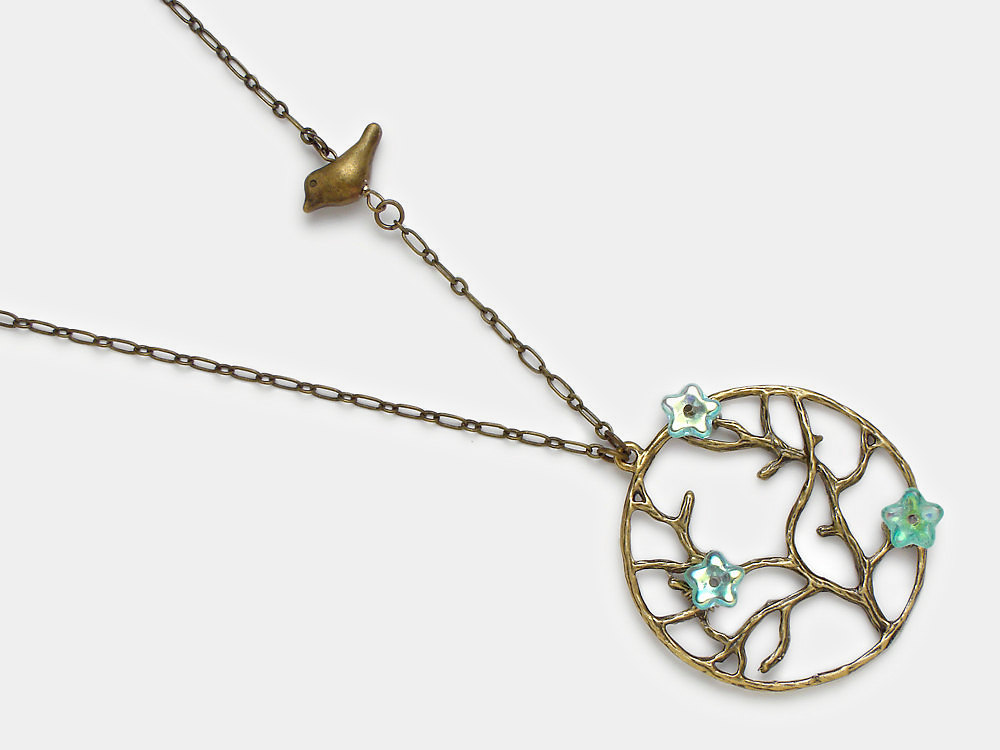 Gold Necklace tree of life branch brass bird charm aquamarine blue glass flowers pendant womens handmade jewelry