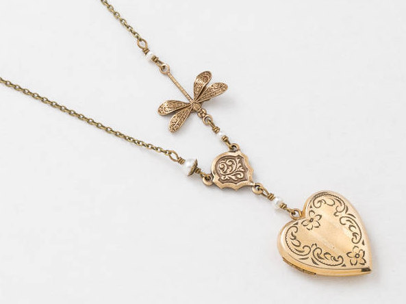 Heart Locket Locket Necklace in Gold Filled with Genuine Pearls Dragonfly Charm Flower and Leaf Etched Jewelry Wedding