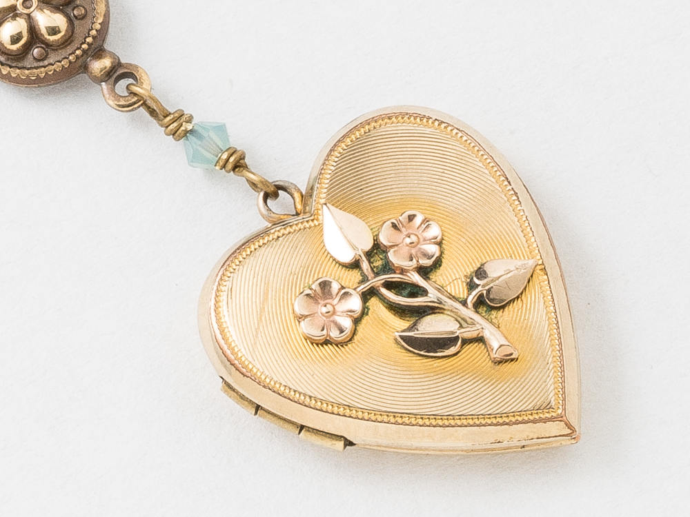 Heart Locket Locket Necklace in Yellow Rose Gold Filled with Blue Cyrstal and Bird Charm Flower Motif Wedding Jewelry