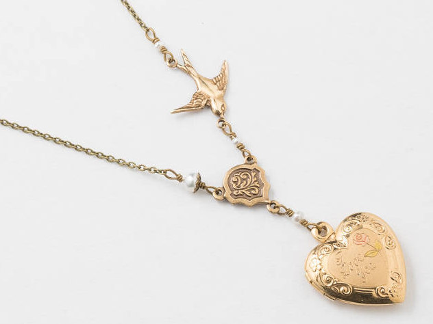 Heart Locket Locket Necklace in Yellow Rose Gold Filled with Genuine Pearls Bird Flower and Leaf Etched Jewelry Wedding