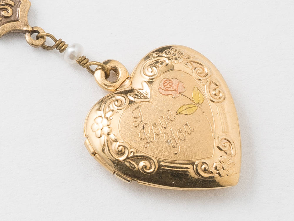 Heart Locket Locket Necklace in Yellow Rose Gold Filled with Genuine Pearls Bird Flower and Leaf Etched Jewelry Wedding