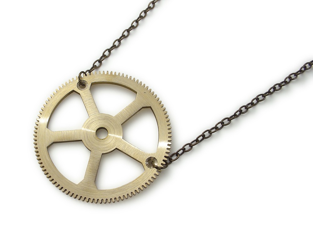 Industrial Necklace brass clock gear with satin brushed finish antiqued brass chain wheel cog pendant Unisex