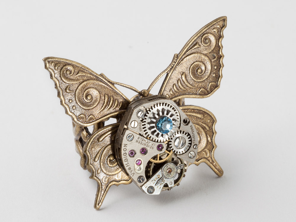 Industrial Steampunk Ring silver watch movement gears blue crystal gold butterfly filigree Steampunk jewelry