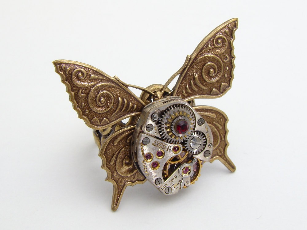 Industrial Steampunk Ring silver watch movement gears red crystal gold butterfly filigree Statement jewelry