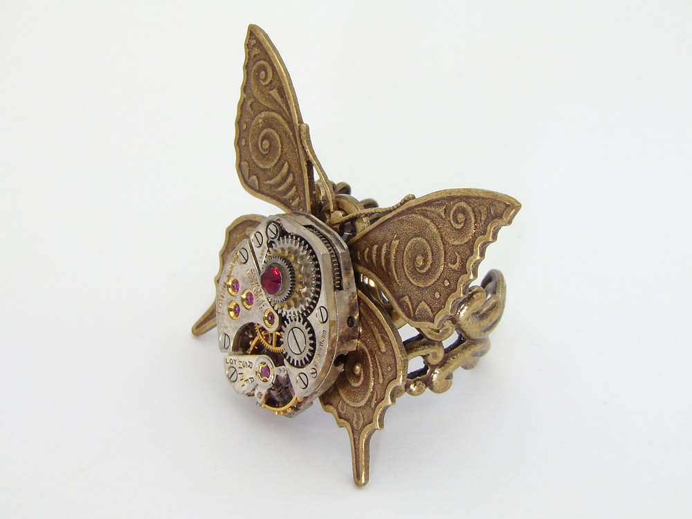 Industrial Steampunk Ring silver watch movement gears red crystal gold butterfly filigree Statement jewelry