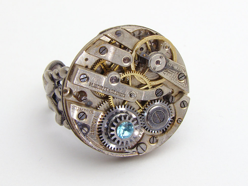Industrial Steampunk Ring watch movement gears blue crystal silver filigree clock work jewelry