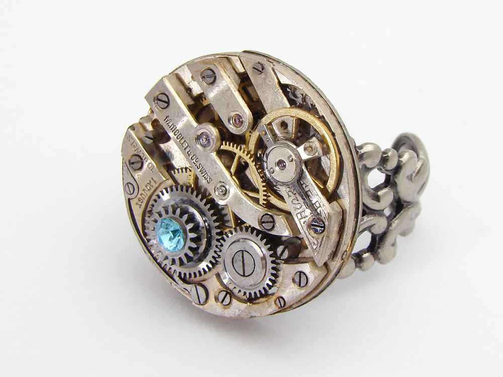 Industrial Steampunk Ring watch movement gears blue crystal silver filigree clock work jewelry