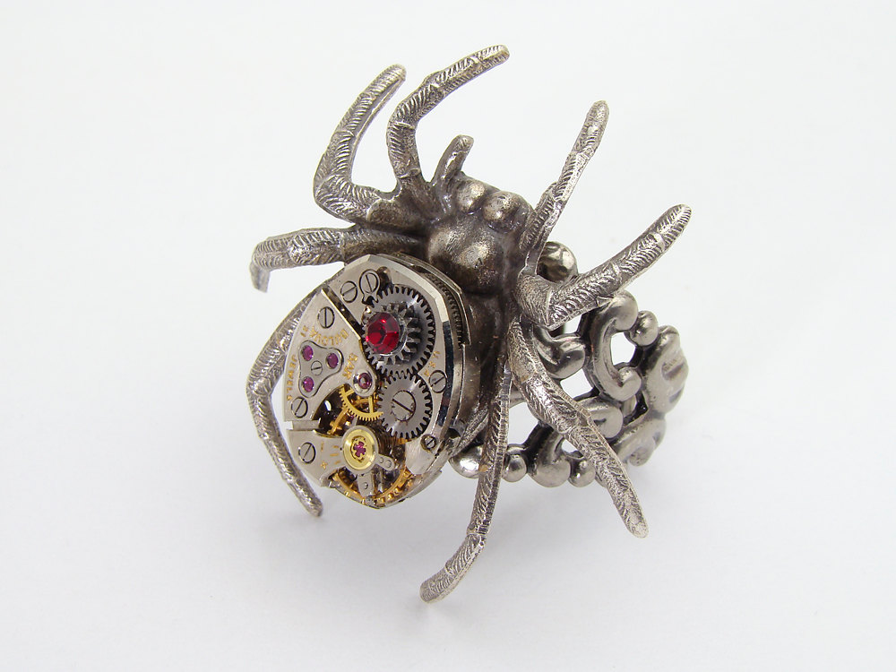 Industrial Steampunk Ring watch movement gears garnet red crystal silver spider goth filigree jewelry