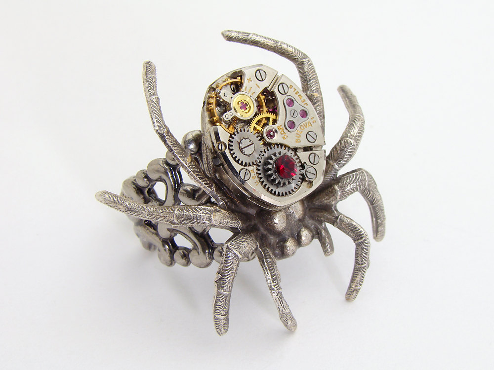 Industrial Steampunk Ring watch movement gears garnet red crystal silver spider goth filigree jewelry