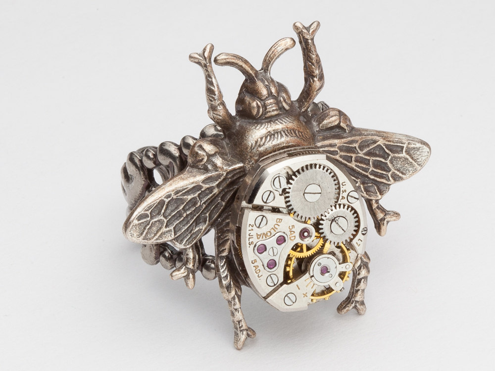 Industrial Steampunk Ring watch movement gears silver bumble bee filigree industrial jewelry