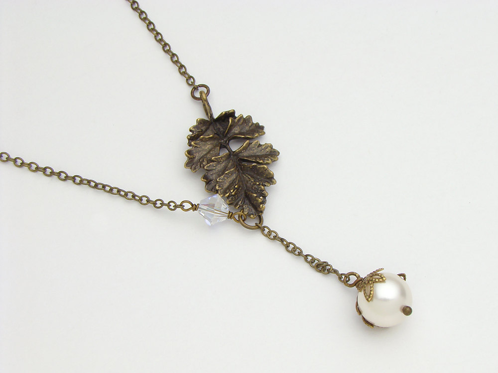 Lariat Necklace antiqued gold brass fern leaf Swarosvki crystal white pearl teardrop filigree wedding jewelry