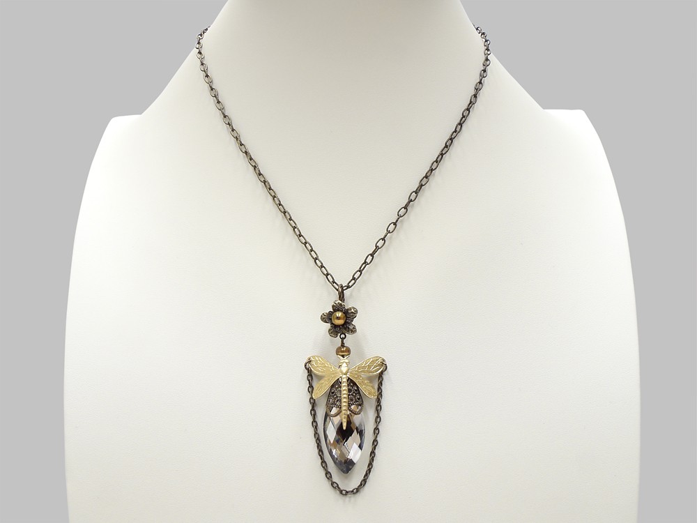 Neo Victorian antiqued gold dragonfly necklace with genuine copper freshwater pearls and smokey quartz faceted crystal glass marquise drop capped in filigree handmade flower jewelry