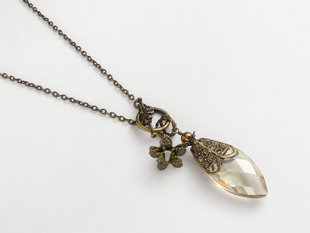 Neo Victorian antiqued gold necklace genuine pearl citrine yellow marquise glass flower Swarovski crystal pendant