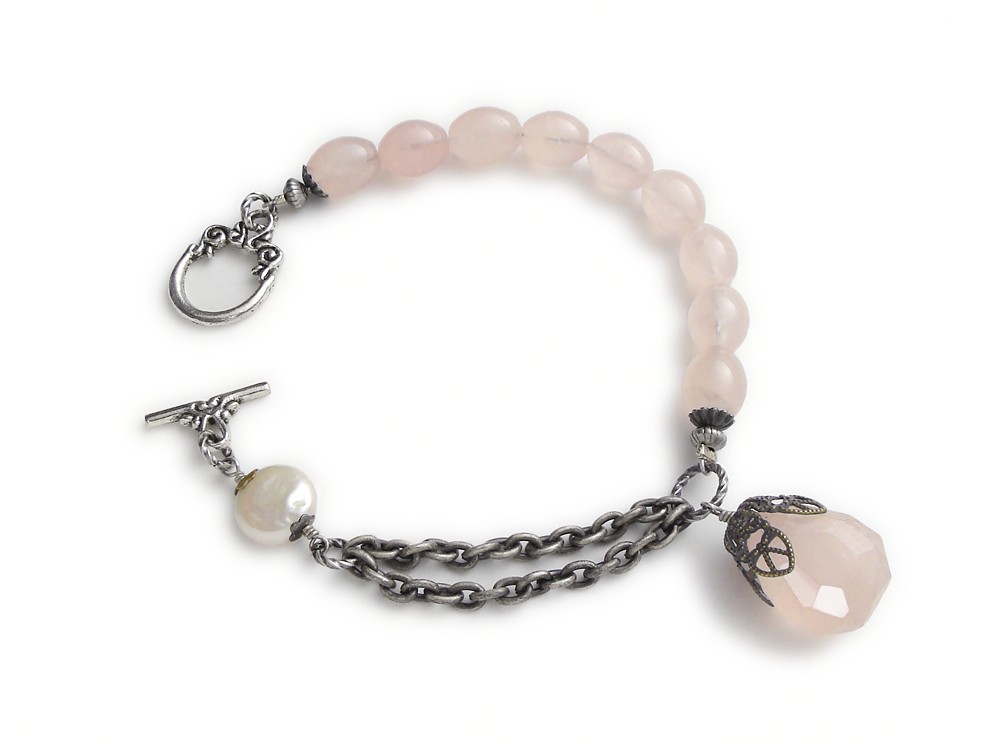 Neo Victorian asymmetrical filigree bracelet faceted genuine pink Rose Quartz Briolette pearl silver chain jewelry