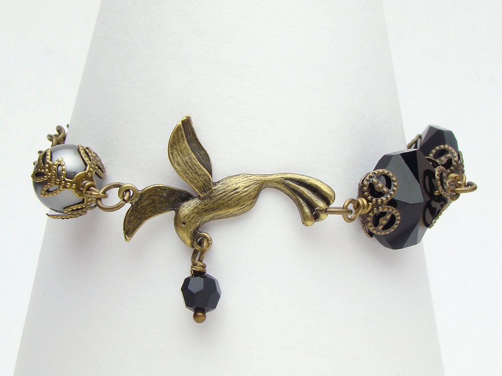 Neo Victorian Bracelet gold brass bird black crystal grey Swarovski crystal pearl filigree beaded bracelet jewelry