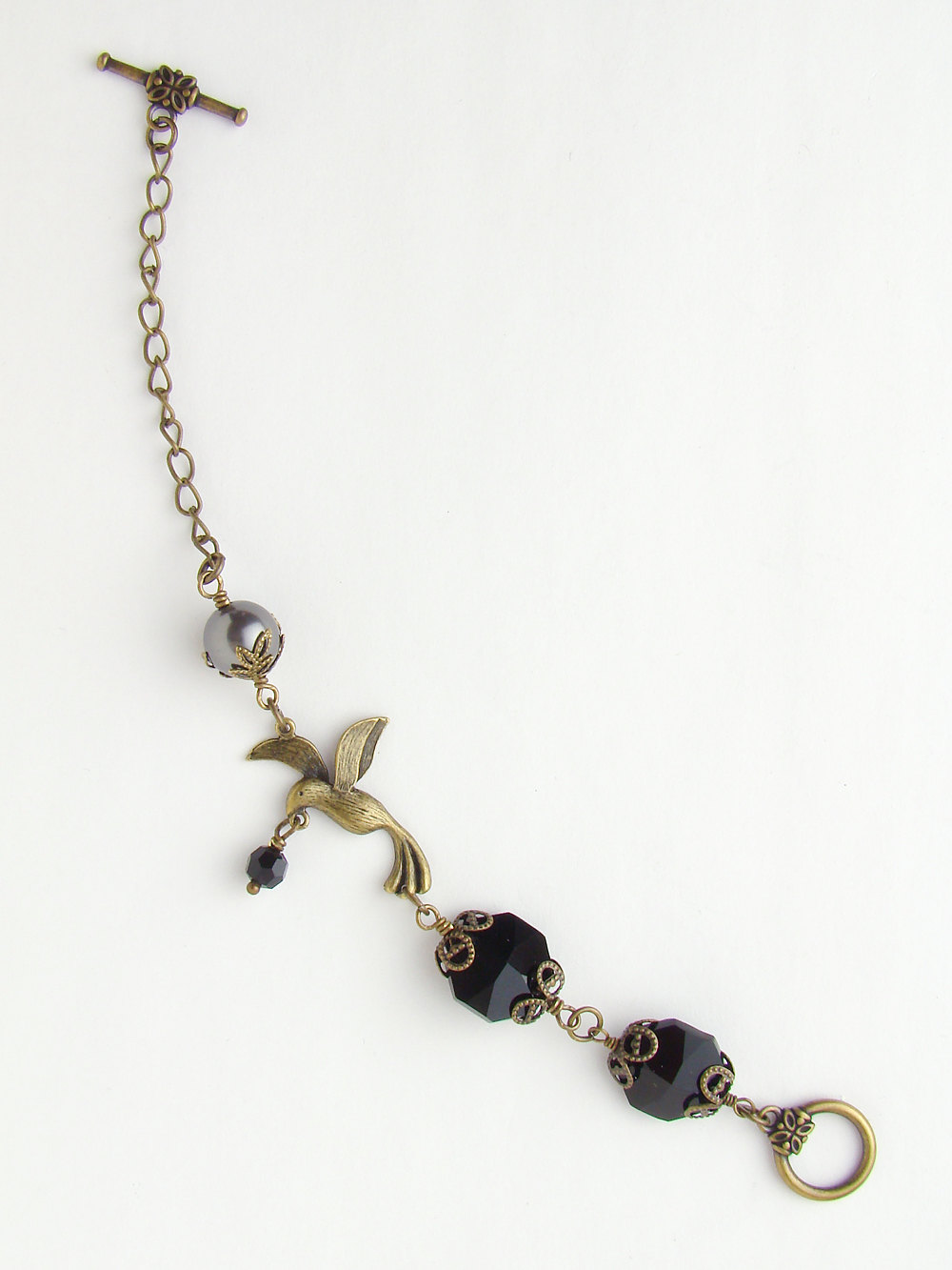 Neo Victorian Bracelet gold brass bird black crystal grey Swarovski crystal pearl filigree beaded bracelet jewelry