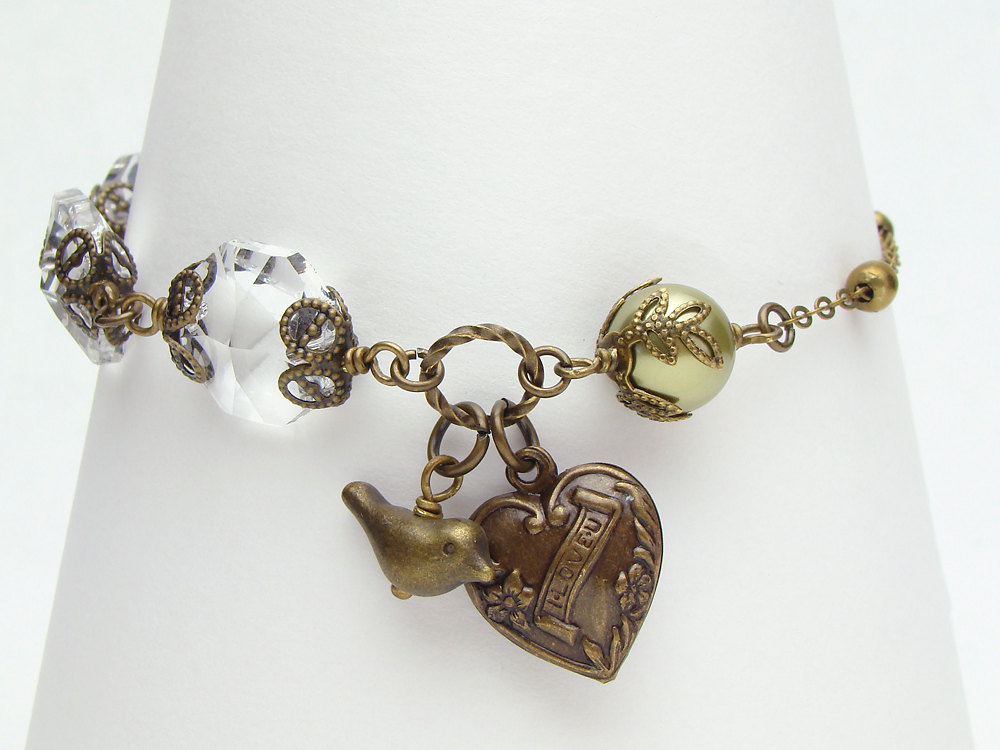 Neo Victorian Charm Bracelet bird heart gold brass chandelier crystal green Swarovski pearl filigree jewelry