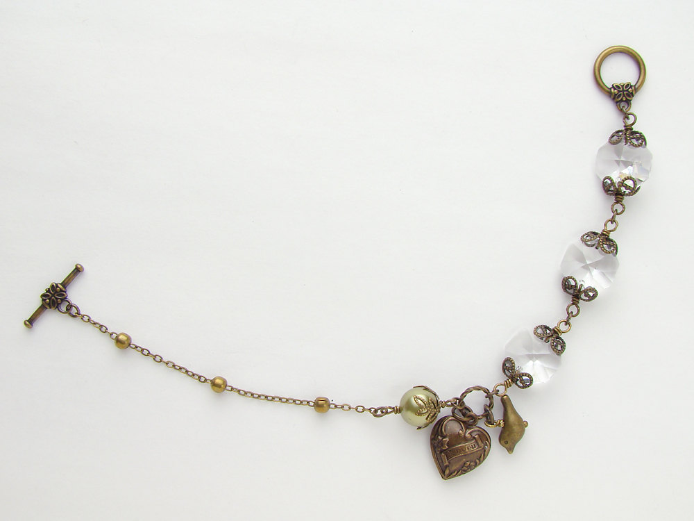 Neo Victorian Charm Bracelet bird heart gold brass chandelier crystal green Swarovski pearl filigree jewelry