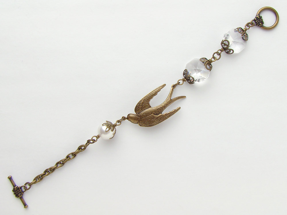 Neo Victorian Gold Bracelet filigree leaf bird charm chandelier crystal Swarovski pearl chain wedding jewelry
