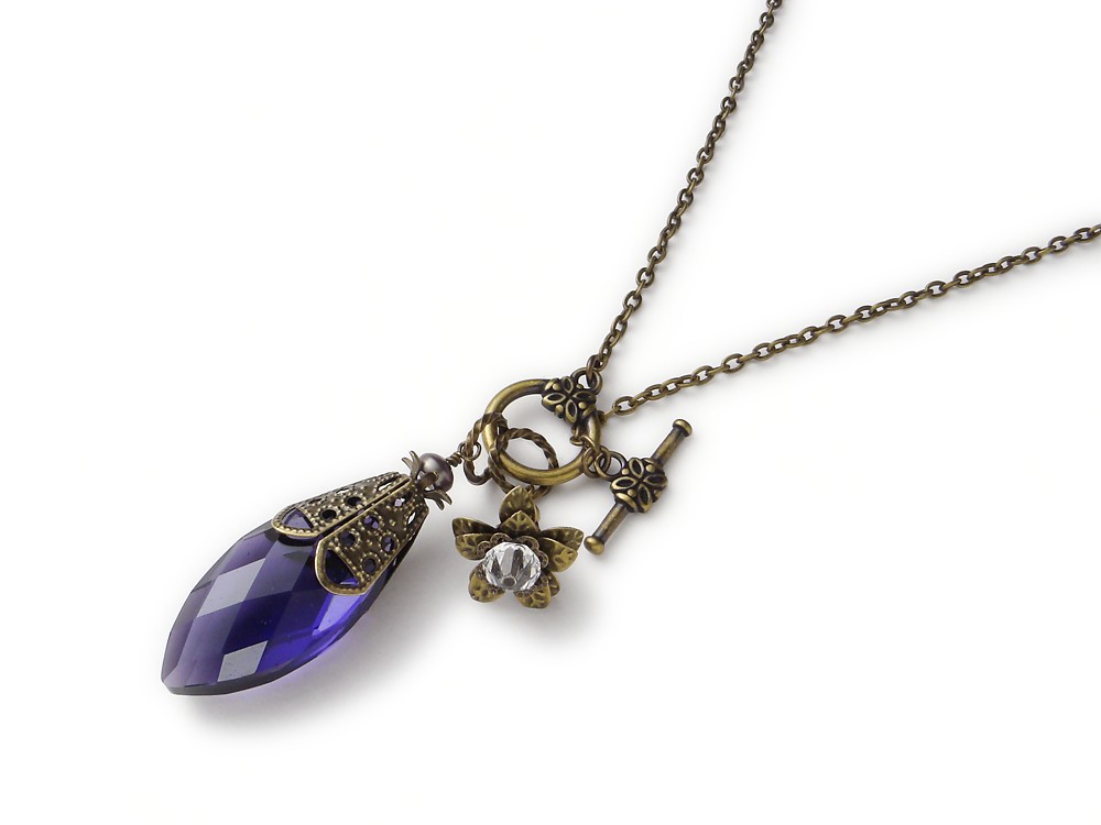 Neo Victorian gold brass necklace genuine pearl purple glass marquise flower Swarovski crystal lariat pendant