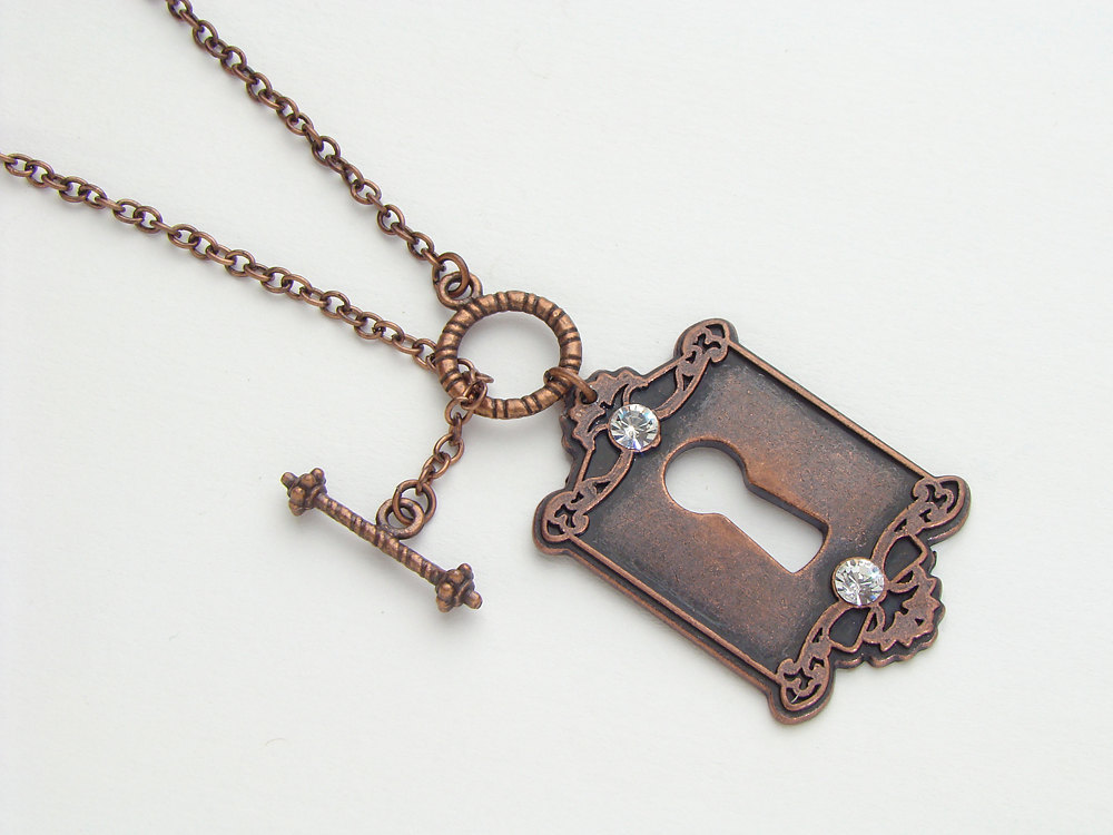Neo Victorian key hole lock charm antiqued copper Steampunk necklace Swarovski crystal pendant jewelry