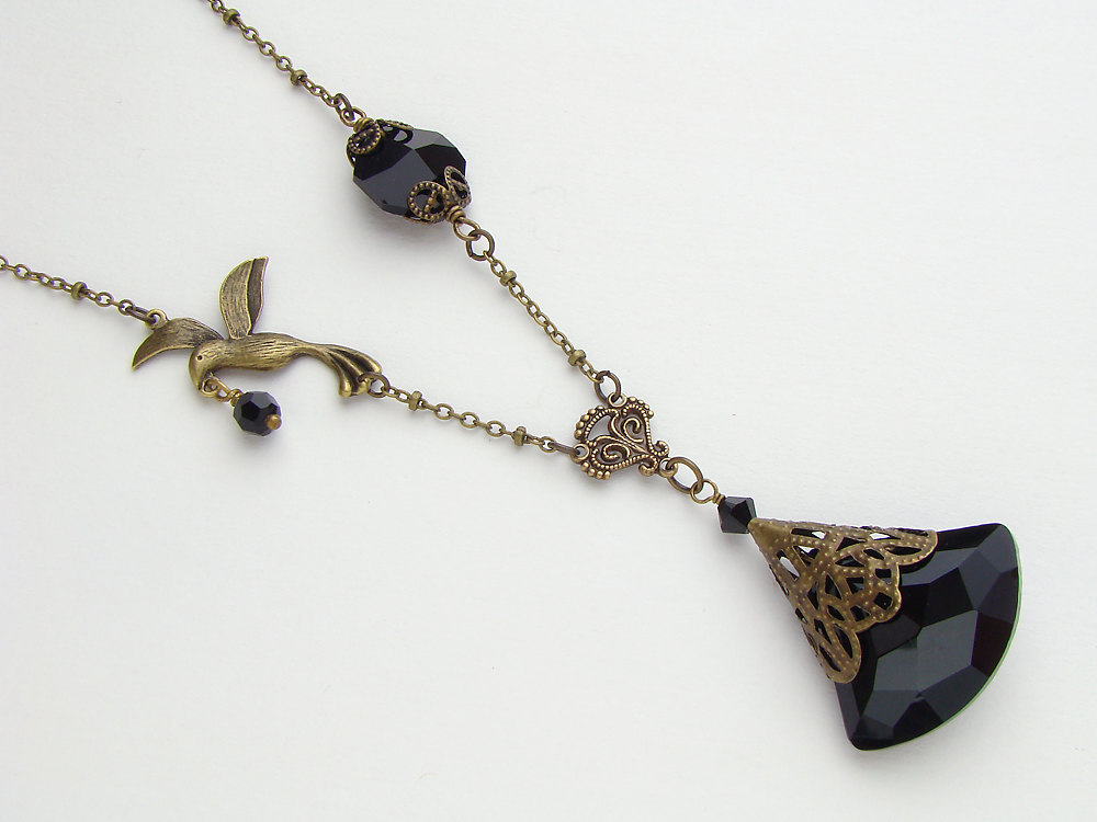 Neo Victorian Necklace gold bird charm brass filigree jet black Swarovski crystal Statement Pendant jewelry