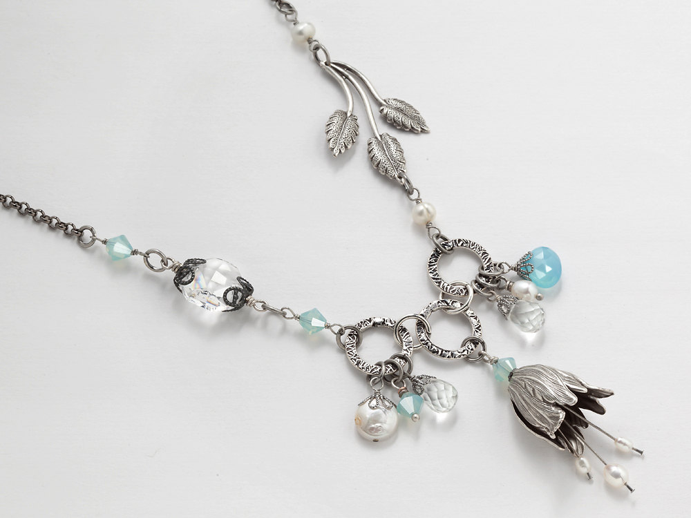 Neo Victorian Necklace silver circle flower tulip leaf blue Chalcedony Quartz white pearls blue opal crystal jewelry