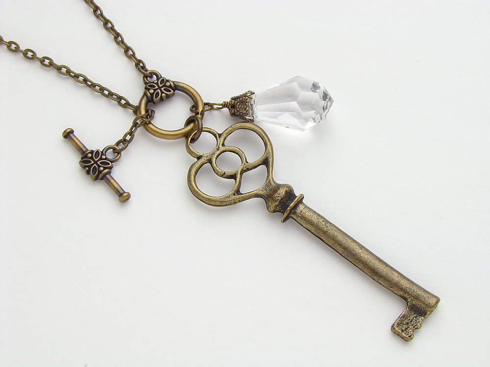 Neo Victorian necklace skeleton key charm antiqued gold filigree genuine crystal briolette Steampunk jewelry