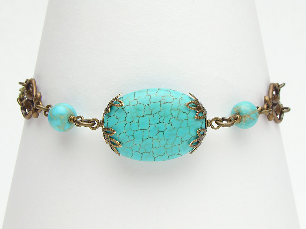Neo Victorian oval round Blue Turquoise bead antiqued gold brass filigree leaf adjustable chain bracelet jewelry
