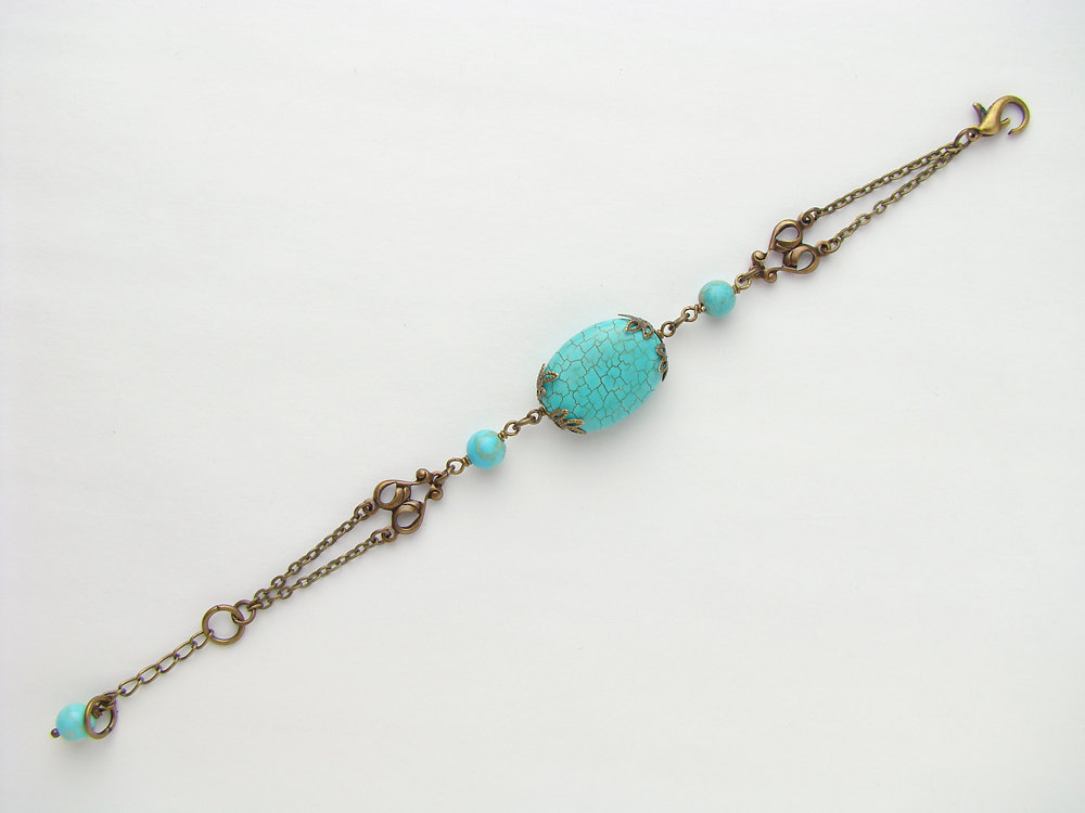 Neo Victorian oval round Blue Turquoise bead antiqued gold brass filigree leaf adjustable chain bracelet jewelry