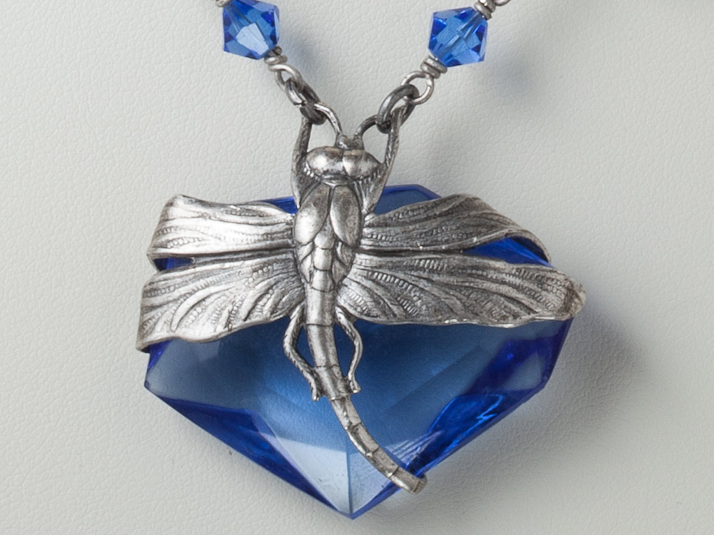 Neo Victorian Statement Necklace blue sapphire glass crystal silver dragonfly flower leaf filigree jewelry