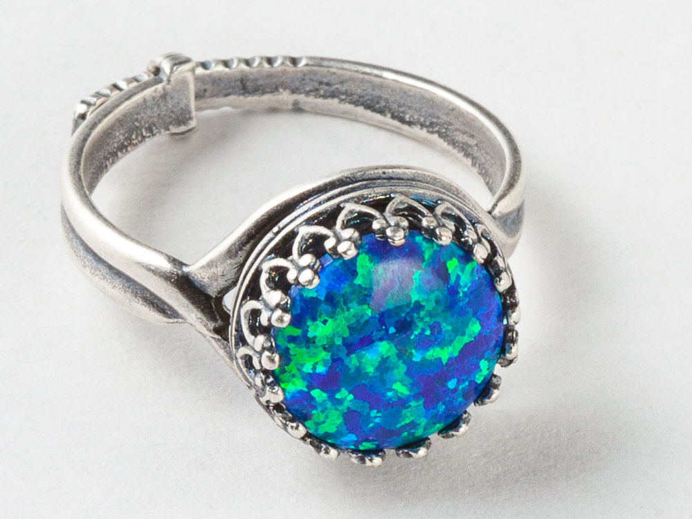 Opal Ring in Silver Filigree With Your Choice of Black Pink White or Fire Opal with Adjustable Band October Birthstone