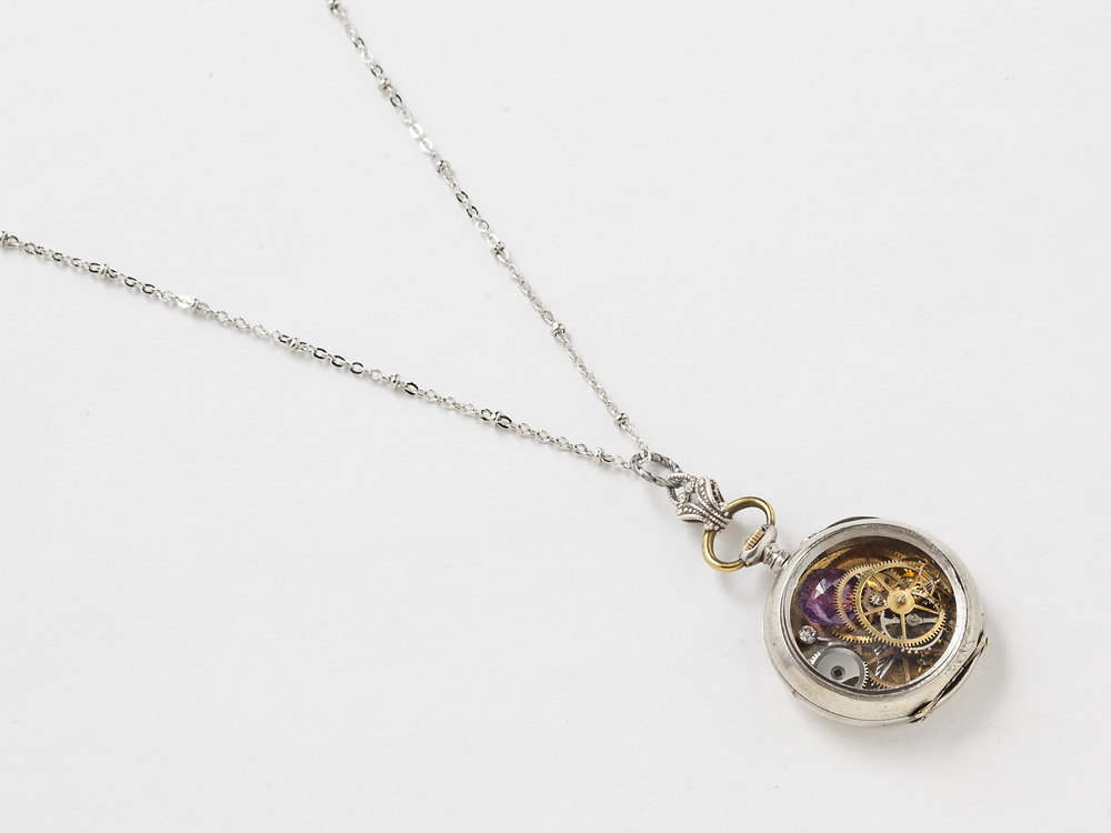 Pocket Watch Case Necklace Sterling Silver with gears bird charm purple Amethyst crystal filigree locket pendant Steampunk jewelry