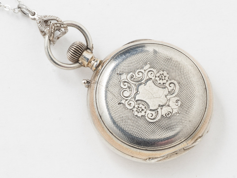 Rose Gold and Sterling Silver Pocket Watch Case Necklace Hand Engraved Flowers with Owl Gears Pink Tourmaline Crystal Locket