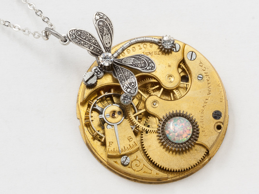 Silver Dragonfly Necklace Elgin Gold Pocket Watch Movement with Opal and Swarovski Crystal set in steel gears Steampunk jewlery