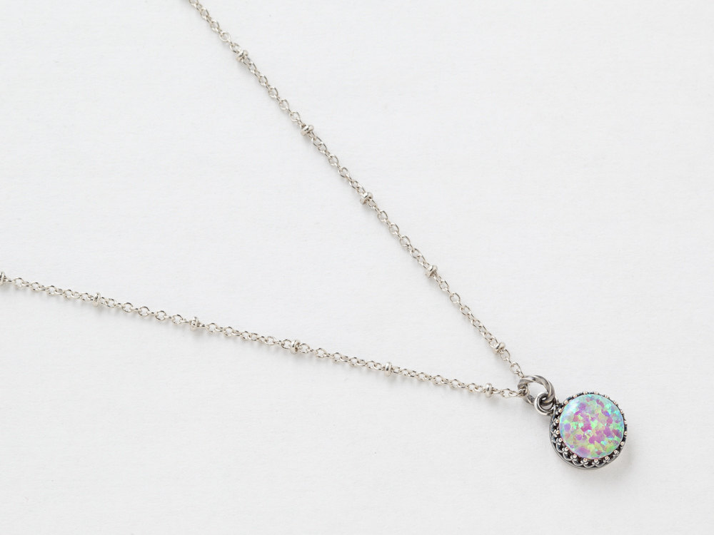 Silver Opal Necklace Opal Pendant Pink Opal Necklace in Silver Filigree Bezel with Beaded Chain October Birthstone Opal Jewelry