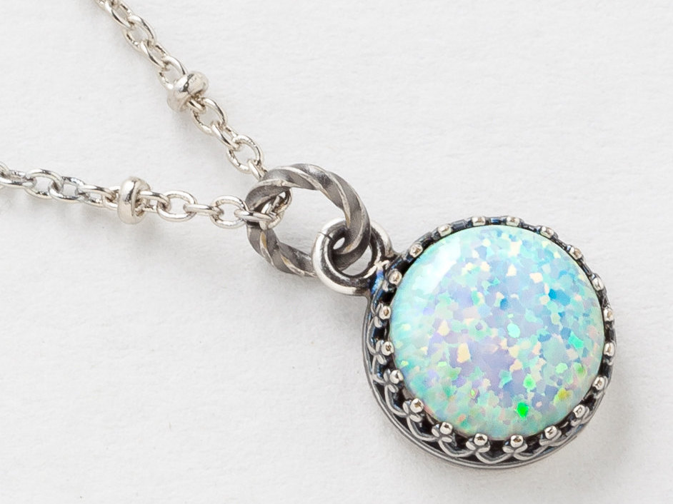 Silver Opal Necklace White Opal Pendant Australian Opal Necklace in Silver Filigree with Beaded Chain October Birthstone Jewelry