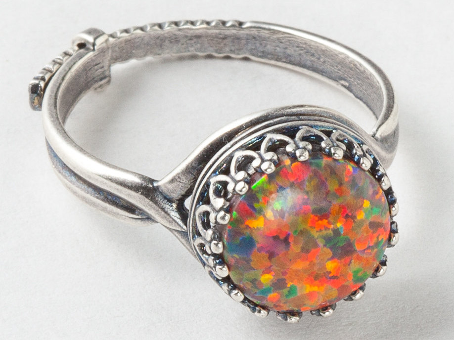 Silver Opal Ring Mexican Opal Ring Silver Filigree Ring with Adjustable Band Statement Ring Cocktail Ring October Birthstone Jewelry