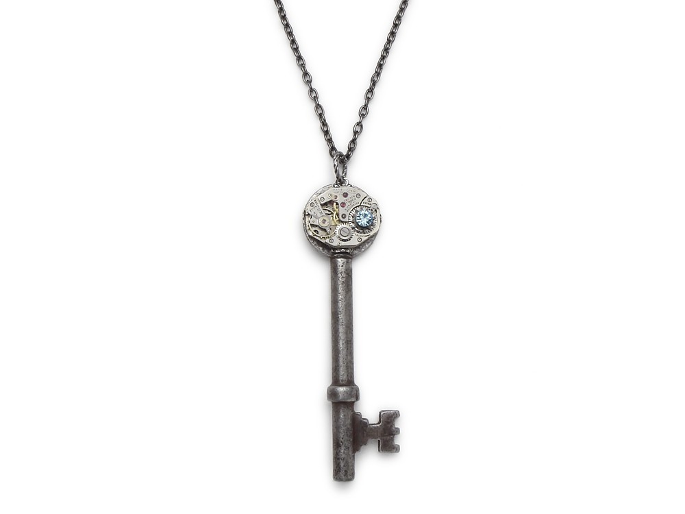 Steampunk Antique genuine skeleton key necklace with circa 1940 wristwatch 17 ruby jewel gears set in silver filigree faceted blue Swarovski crystal stone charm pendant
