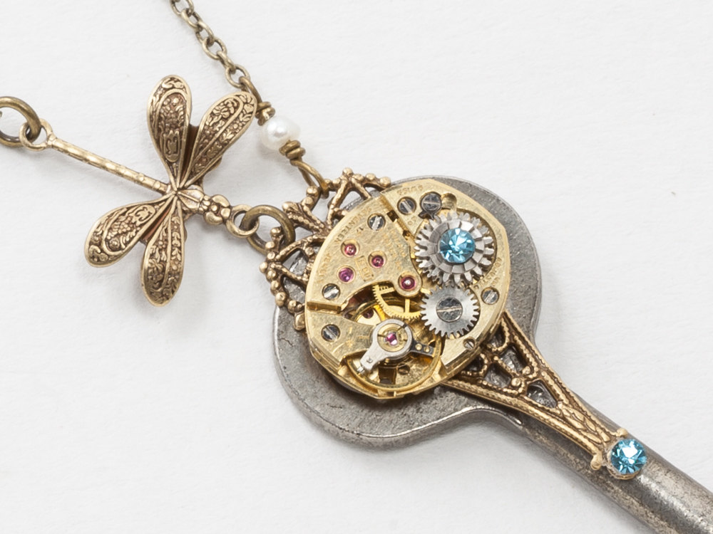 Steampunk Antique Skeleton Key Necklace with Gold Watch Aquamarine Crystal Pearl and Dragonfly Pendant Filigree Statement Necklace