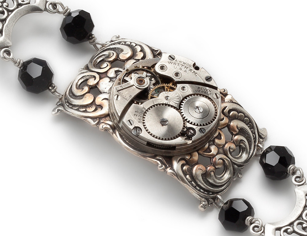 Steampunk bracelet antique Waltham watch movement gears silver copper filigree Victorian black crystal