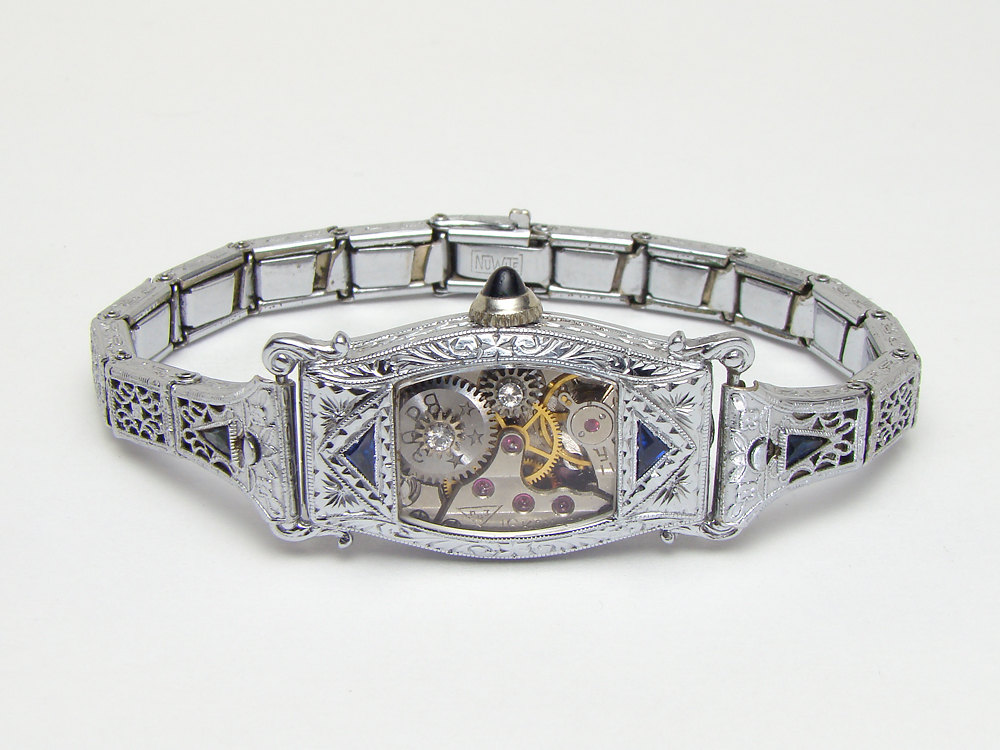 Steampunk Bracelet Art Deco antique watch movement gears white gold filled filigree blue sapphire Swarovski crystal